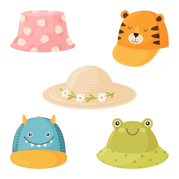 Vector set of cartoon children s summer hats collection of hats for boys and girls from the sun