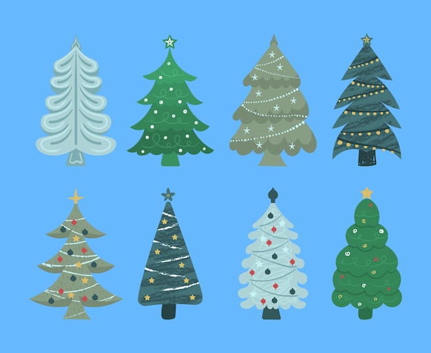 Insieme di alberi di natale del fumetto, pini per biglietto di auguri, invito, banner, web. albero di simbolo tradizionale di natale e capodanno con ghirlande, lampadina, stella. vacanze invernali. design piatto.