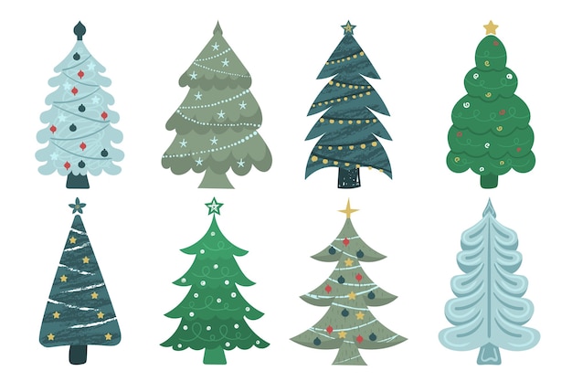 Vector set of cartoon christmas trees, pines for greeting card, invitation, banner, web. new years and xmas traditional symbol tree with garlands, light bulb, star. winter holiday.