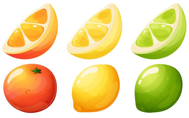 Vector set of cartoon citrus fruits orange lemon lime and slices on transparent background
