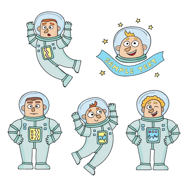 Set di astronauti di colore del fumetto isolato su bianco.