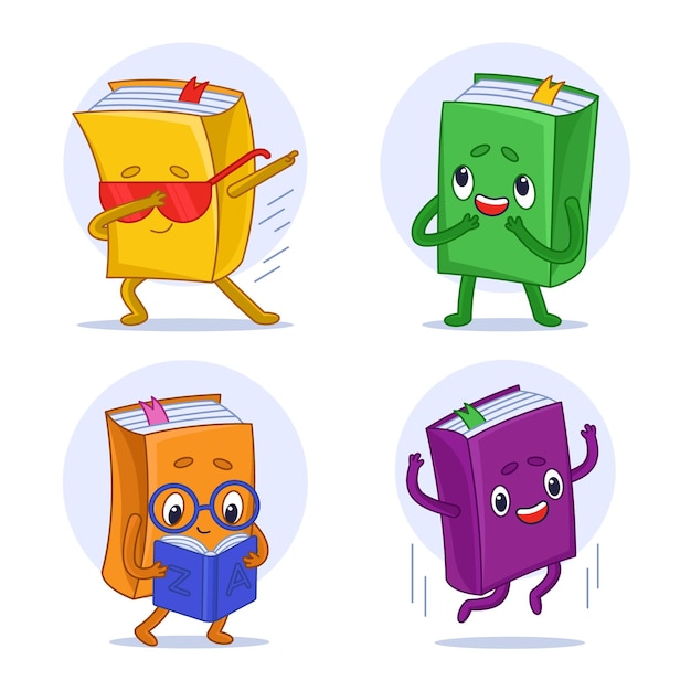 Set of cartoon colorful book characters dancing reading book running