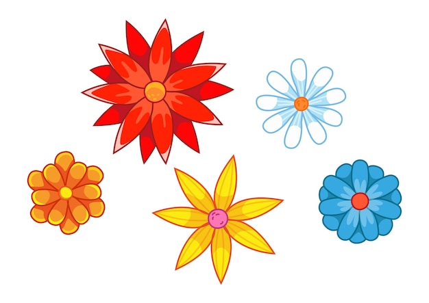 Set of cartoon colorful flowers orange red white and others Collection of floral decor