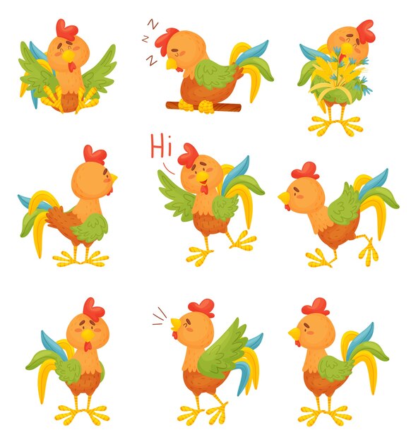 Vector set of cartoon colorful roosters in different situations