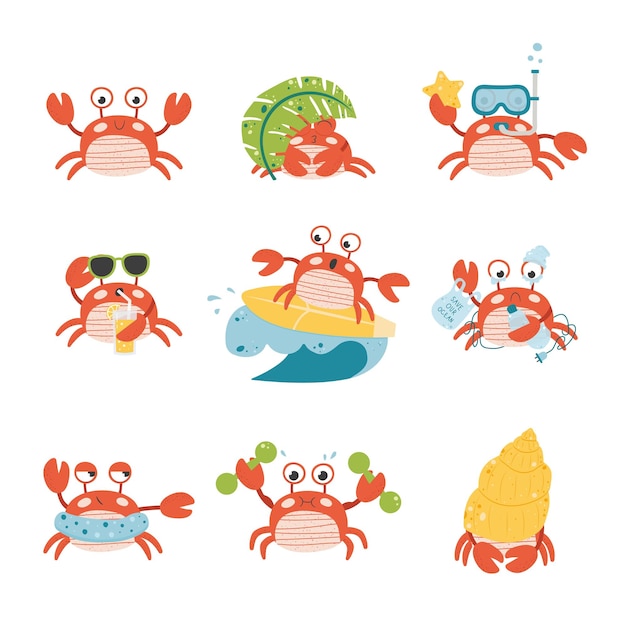 Set cartoon crab character emotion isolated vector illustration on white background