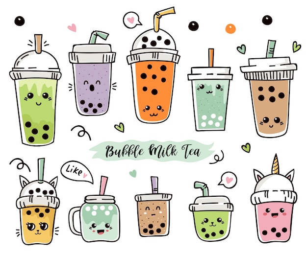 Vector set of cartoon cute bubble tea or pearl tea