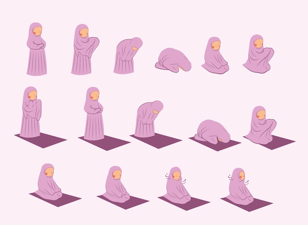 A set of cartoon for cute little girl showing how to pray with faceless style