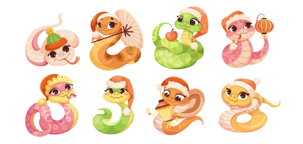 Set di simpatici serpenti di cartoni animati isolati su sfondo bianco piccoli bambini serpenti personaggi oroscopo cinese segno zodiacale anno del serpente 2025 personaggi amichevoli di rettili sorridenti illustrazione vettoriale