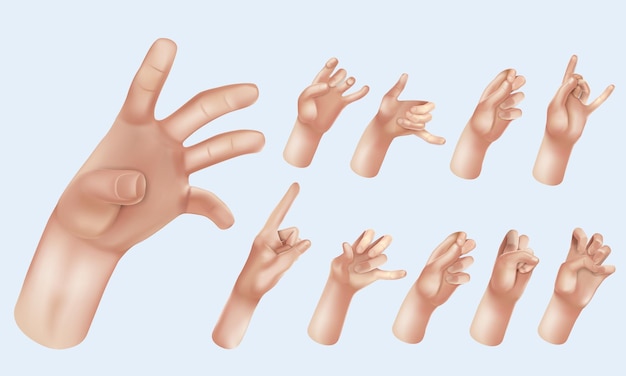 Set of cartoon d hands  hand group peace sign ok sign tap point out hand high five hand men and wome...