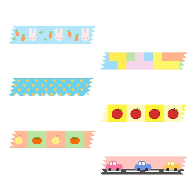 Set of cartoon decorative tapes. Different pattern adhesive tapes