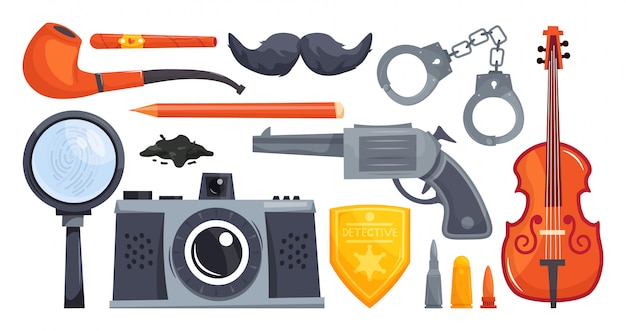 Vector set cartoon detective equipment. tobacco pipe, cigar, mustache, handcuffs, violin, revolver, detective badge, camera, dirt, magnifier, fingerprint.