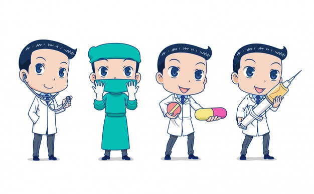 Vector set of cartoon doctor in different poses