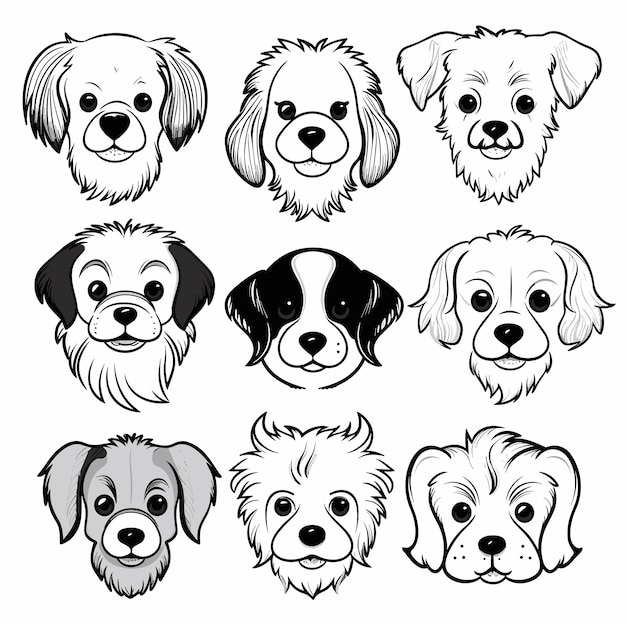 Set of cartoon dog vector illustration coloring page