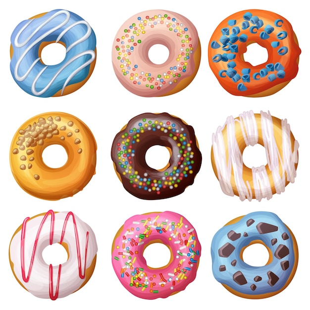 Set of cartoon donuts isolated on white background