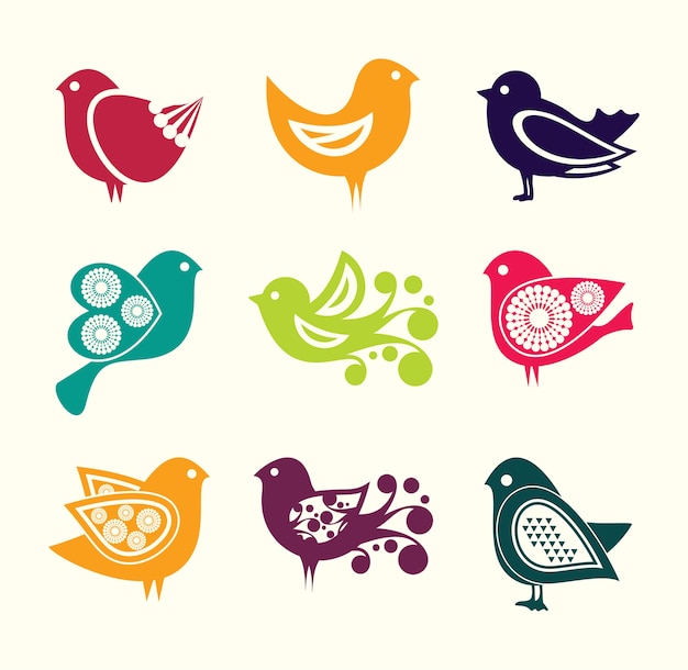 Vector set of cartoon doodle birds icons
