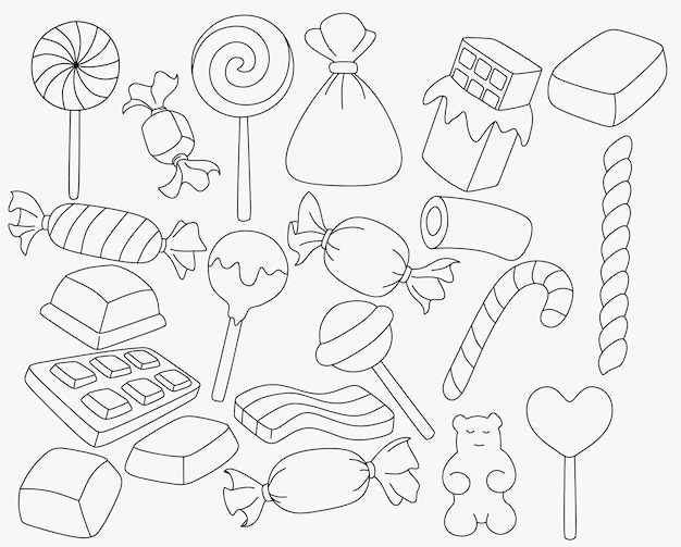 set of cartoon doodle form candies and sweets