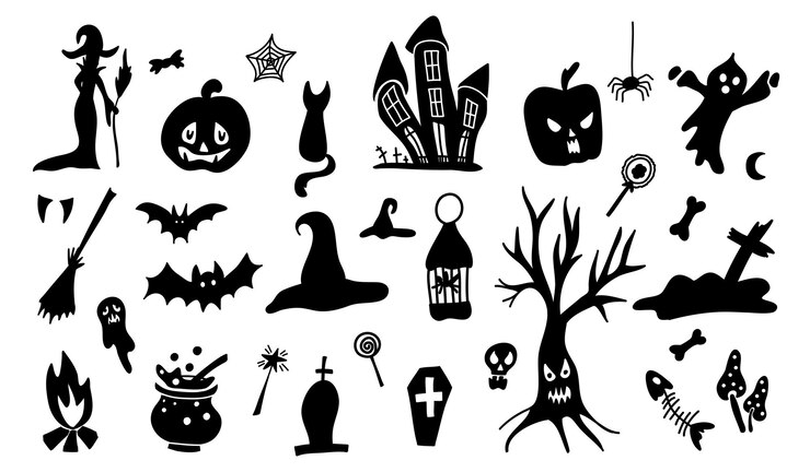 Set cartoon doodle stijl silhouetten van Halloween