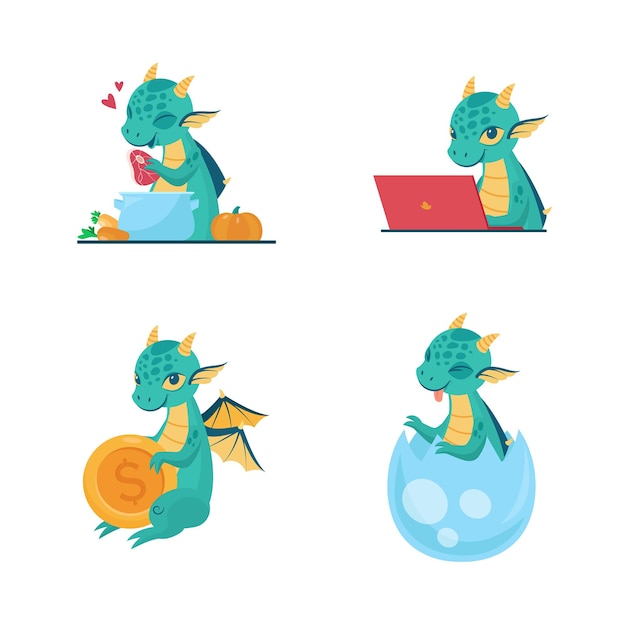 Vector set of cartoon dragon cooking soup, working at laptop, holding gold coin, sitting in eggshell