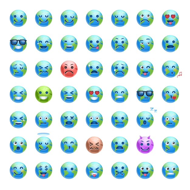 Vettore set di cartoon earth faces with different emozioni smiling planet icons collection
