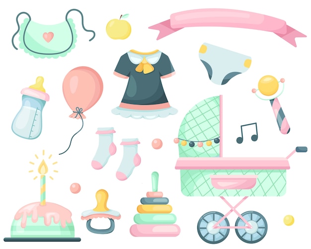 Vector set of cartoon elements for a newborn baby.