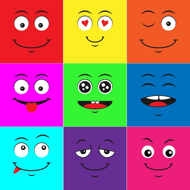 Set of cartoon emoticon faces various colorful smiling expressions