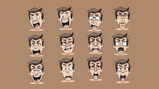 A set of cartoon faces with different expressions such as anger irritation frustation