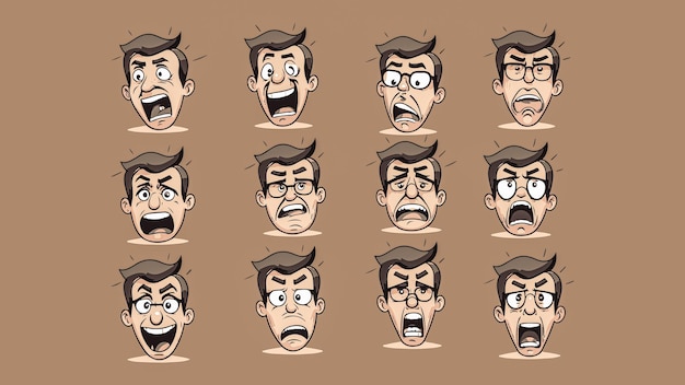 Vector a set of cartoon faces with different expressions such as anger irritation frustation