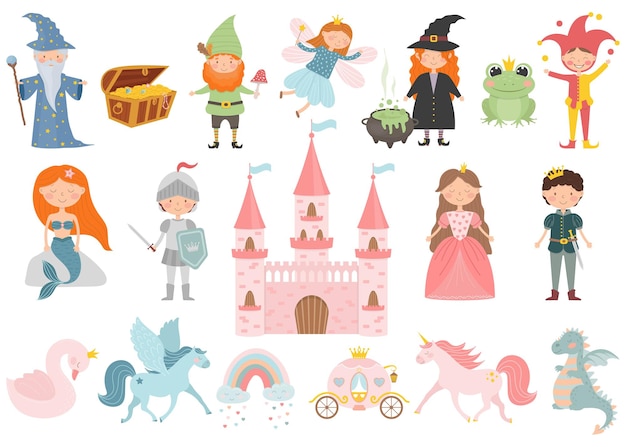 Set of cartoon fairy tale characters. princess, prince, fairy, pegasus, stargazer, swan, knight