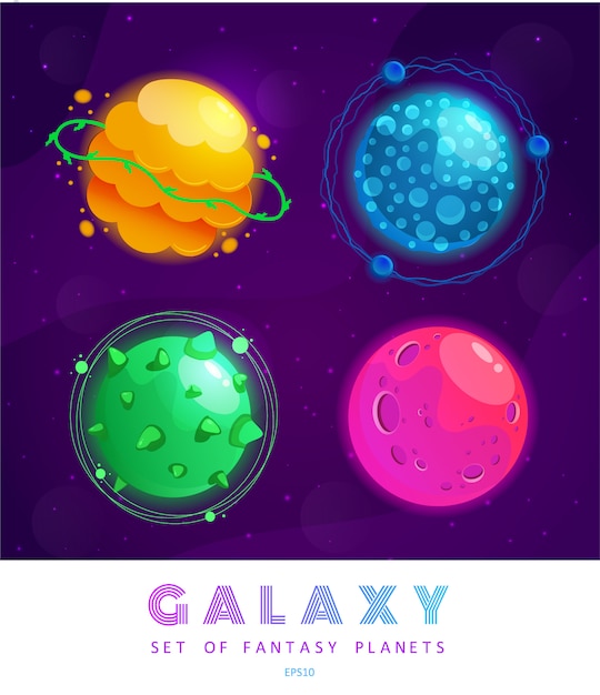 Set of cartoon fantasy planets. colorful universe. game design for ui galaxy game.