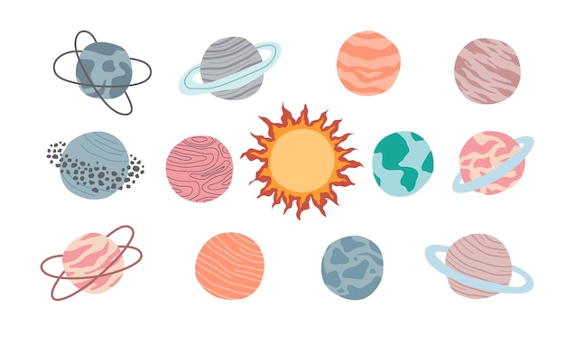 Set of cartoon fantasy planets on white background