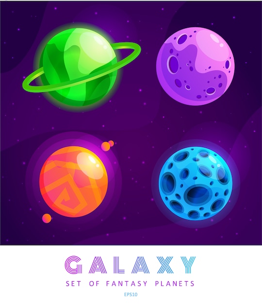 Set of cartoon fantasy planets.