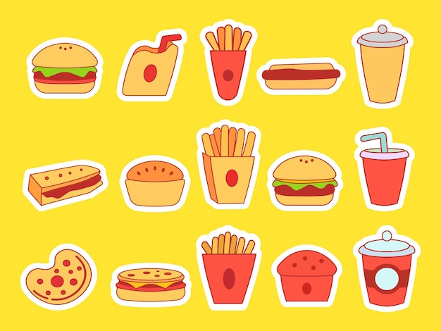 a set cartoon fast food stickers on yellow background burgers fries drinks