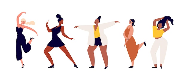 Una serie di personaggi femminili dei cartoni animati in abiti casual si sta muovendo in una danza