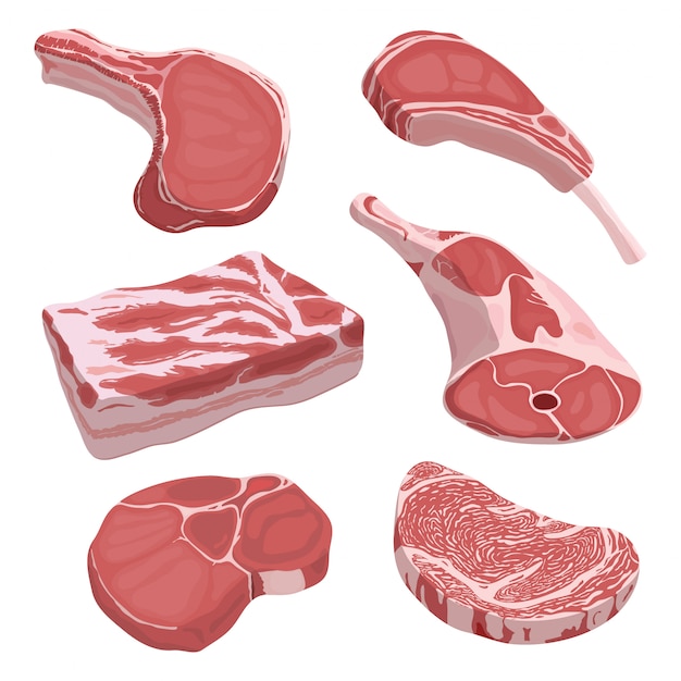 Vettore set di cibo dei cartoni animati. raccolta di carne cruda stilizzata. assortimento di carne fresca a fette. bistecche di maiale e filetto.