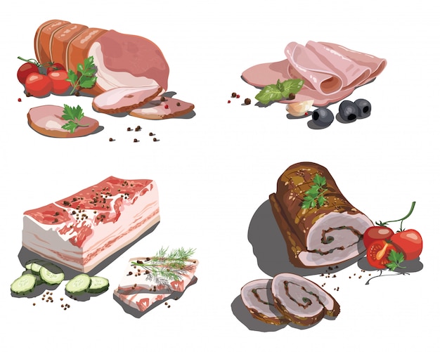 Vettore set di cibo dei cartoni animati. raccolta di carne cruda stilizzata. assortimento di carne fresca a fette.