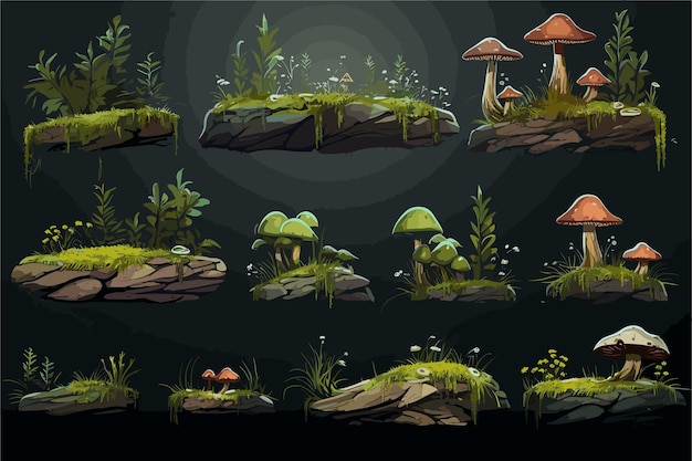 set of cartoon forest landscape with mushrooms interface land panorama play game graphic