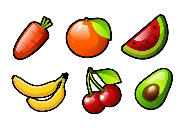 Set cartoon fruit, bessen en groenten Vector clipart geïsoleerd