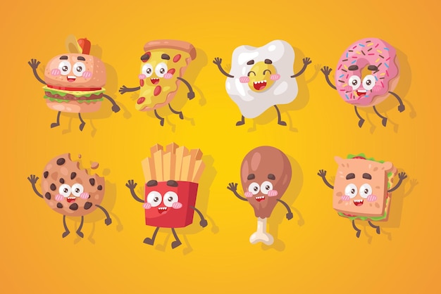 Vettore set di personaggi divertenti dei cartoni animati pizza taco gelato panino ciambella mascotte vintage street fa
