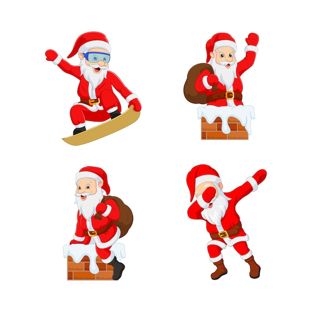 Vector set of cartoon funny santa claus with different actions