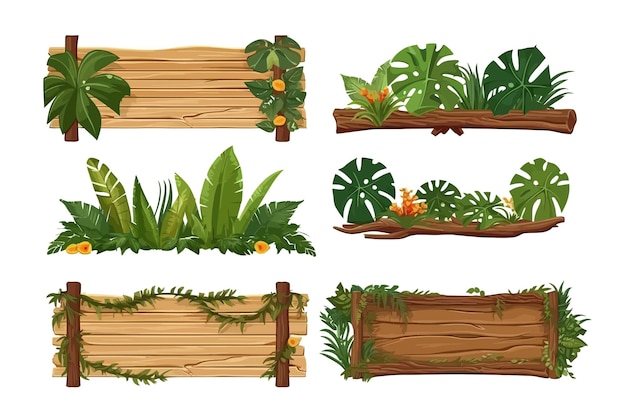 Set cartoon game panels in jungle style with space for text Vector cartoon flat elements isolated on background