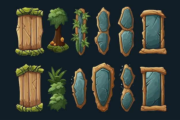 Vector set cartoon game wooden and stone boards in jungle style with space for text vector cartoon flat elements isolated on background