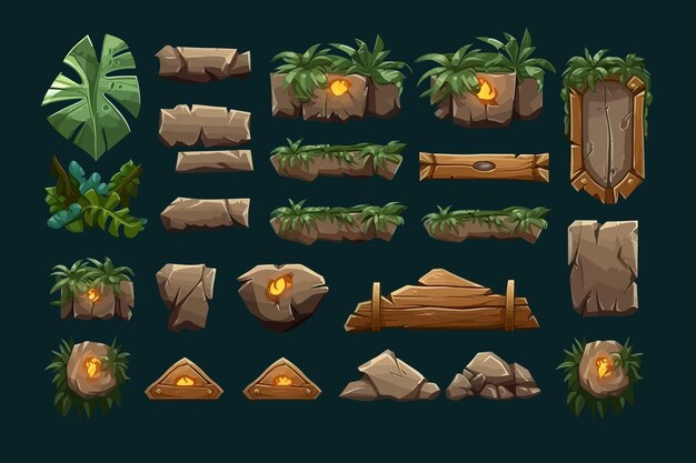 Set cartoon game wooden and stone panels in jungle style with space for text vector cartoon flat elements isolated on background