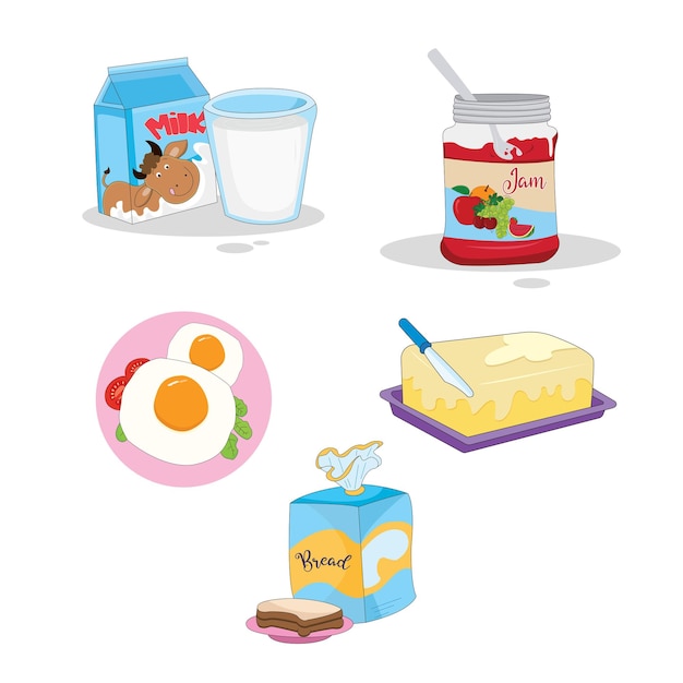 Set cartoon gezond ontbijt melk yoghurt jam boter brood vectorillustratie