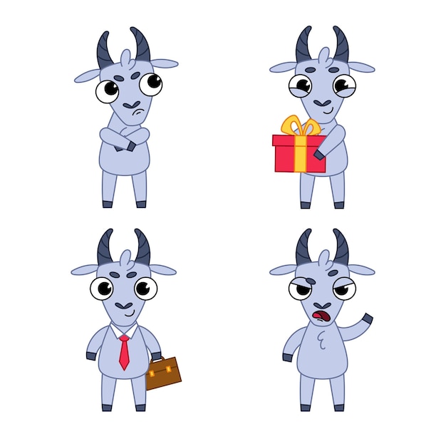 Set of cartoon goat character receiving gift, taking offense, going to work