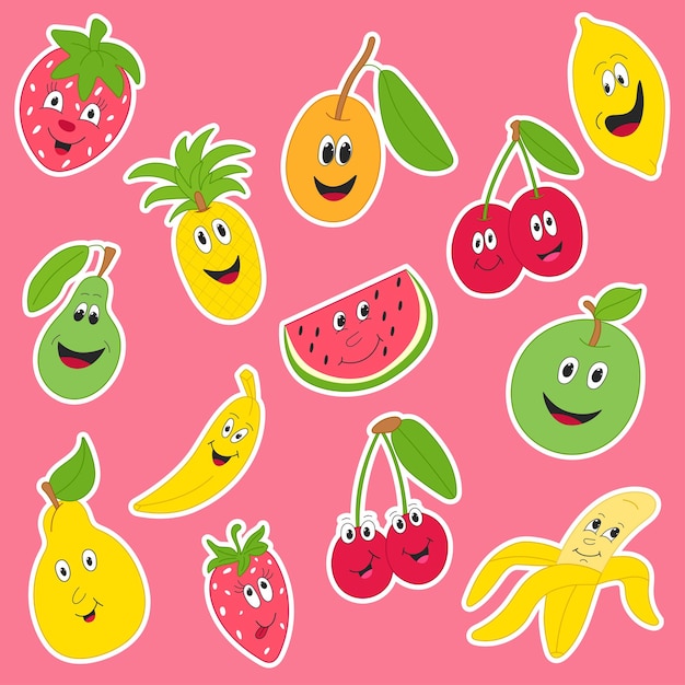 set cartoon grappige fruitstickers met gezichten