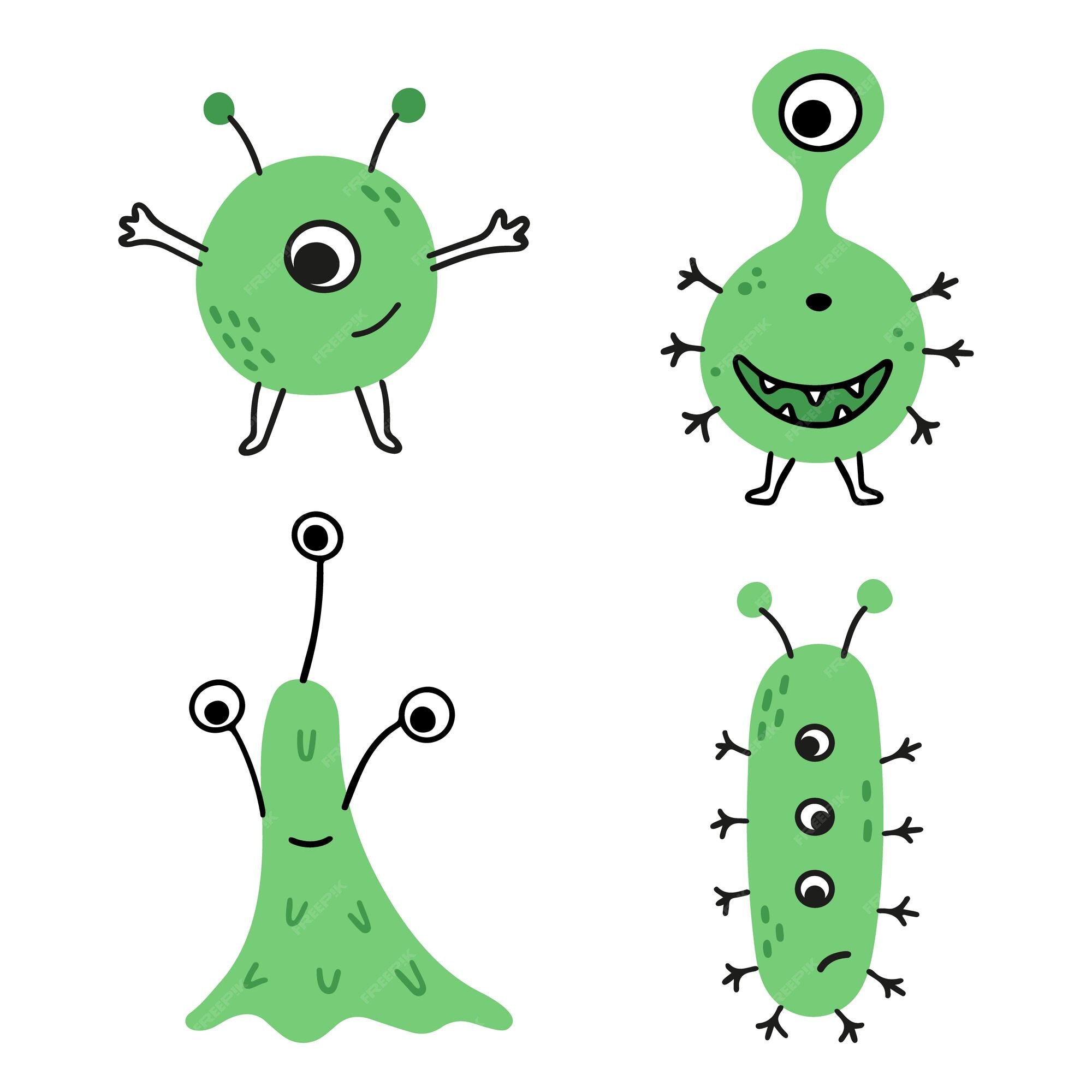 Premium Vector | Set of cartoon green doodle germs, viruses and bacterias, monsters. happy halloween Premium Vector | Set of cartoon green doodle germs, viruses and bacterias, monsters. happy halloween
