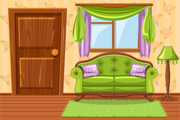Set cartoon Green Vintage cushioned furniture, Living room