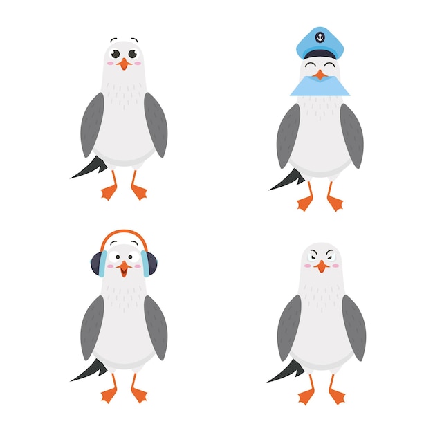 Vector set of cartoon gull character delivering letter, getting angry, listening to music on headphones