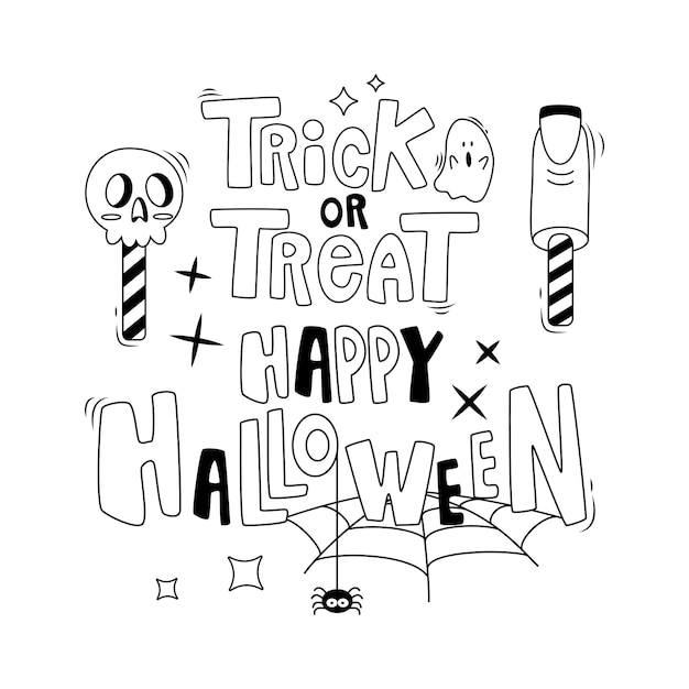 Vector set cartoon halloween-elementen en belettering happy halloween trick or treat line art