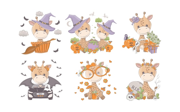 かわいいベクトルのハロウィーンの動物イラストの漫画ハロウィーン キリン コレクションのセット